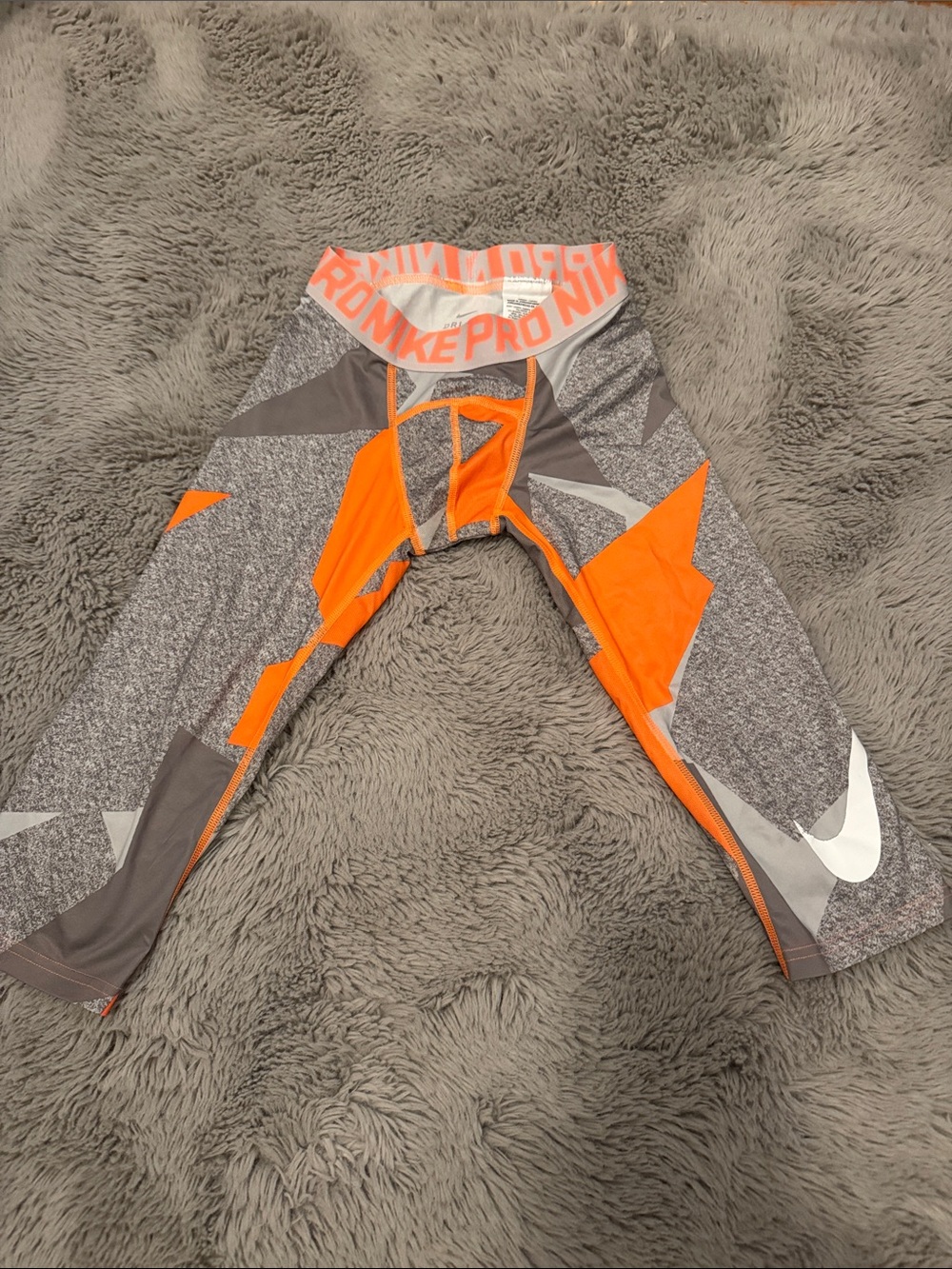 Nike Kids Grey and Orange Athletic Compression Leggings